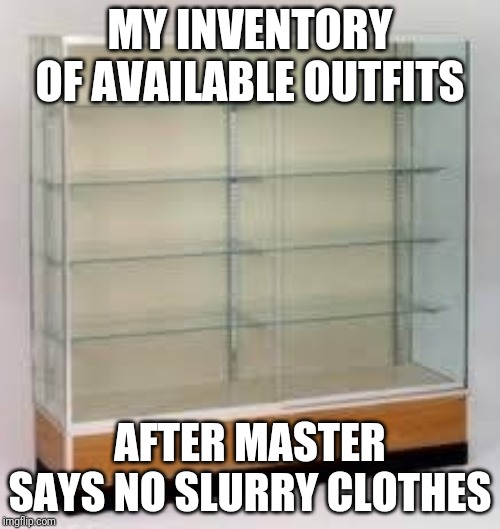 Empty trophy case | MY INVENTORY OF AVAILABLE OUTFITS; AFTER MASTER SAYS NO SLURRY CLOTHES | image tagged in empty trophy case | made w/ Imgflip meme maker