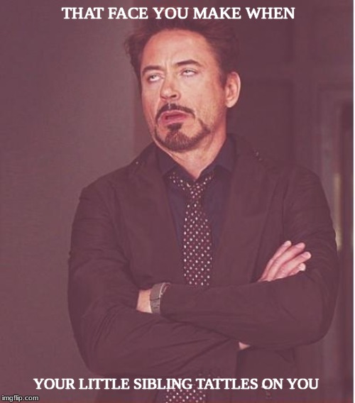 Face You Make Robert Downey Jr | THAT FACE YOU MAKE WHEN; YOUR LITTLE SIBLING TATTLES ON YOU | image tagged in memes,face you make robert downey jr | made w/ Imgflip meme maker
