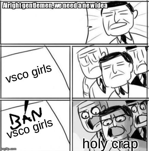 Alright Gentlemen We Need A New Idea | vsco girls; vsco girls; holy crap | image tagged in memes,alright gentlemen we need a new idea | made w/ Imgflip meme maker