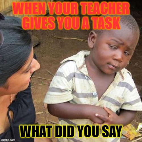 Third World Skeptical Kid | WHEN YOUR TEACHER GIVES YOU A TASK; WHAT DID YOU SAY | image tagged in memes,third world skeptical kid | made w/ Imgflip meme maker