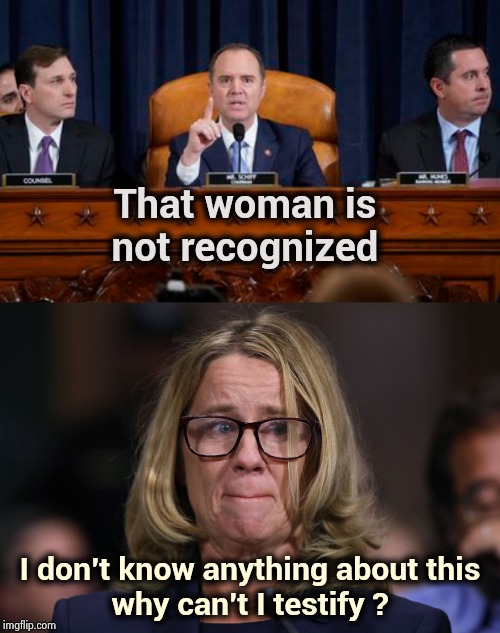 The Ghost of hoaxes past |  That woman is not recognized; I don't know anything about this
why can't I testify ? | image tagged in christine blasey ford,schifftless,hoax,waste of time,waste of money,c'mon do something | made w/ Imgflip meme maker