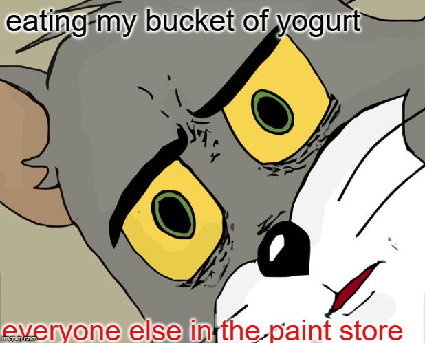Unsettled Tom Meme | eating my bucket of yogurt; everyone else in the paint store | image tagged in memes,unsettled tom | made w/ Imgflip meme maker