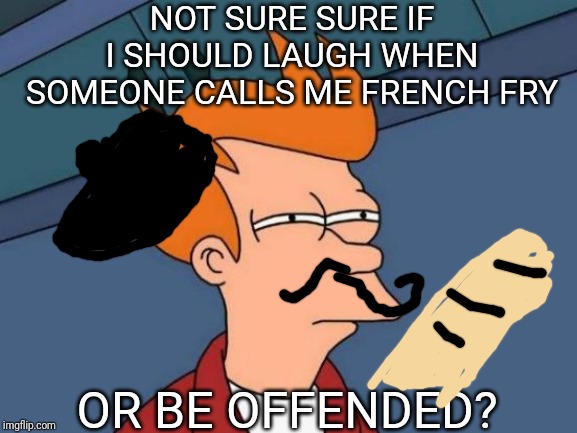 Futurama Fry | NOT SURE SURE IF I SHOULD LAUGH WHEN SOMEONE CALLS ME FRENCH FRY; OR BE OFFENDED? | image tagged in memes,futurama fry | made w/ Imgflip meme maker