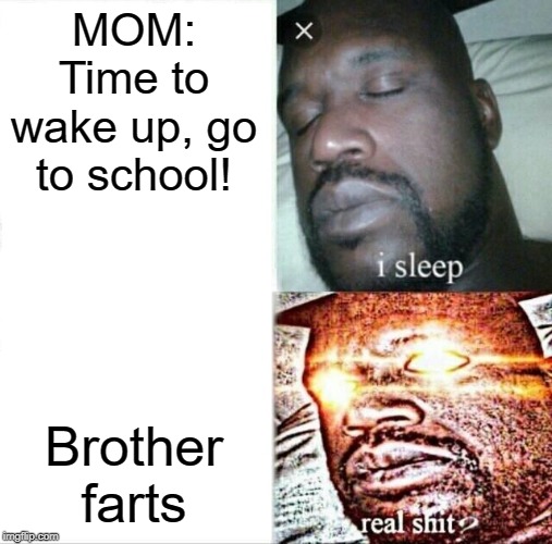 Sleeping Shaq | MOM: Time to wake up, go to school! Brother farts | image tagged in memes,sleeping shaq | made w/ Imgflip meme maker