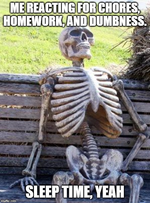 Waiting Skeleton | ME REACTING FOR CHORES, HOMEWORK, AND DUMBNESS. SLEEP TIME, YEAH | image tagged in memes,waiting skeleton | made w/ Imgflip meme maker