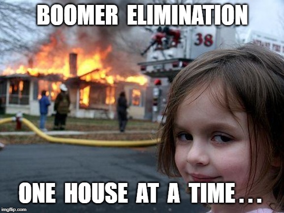 Disaster Girl | BOOMER  ELIMINATION; ONE  HOUSE  AT  A  TIME . . . | image tagged in memes,disaster girl | made w/ Imgflip meme maker