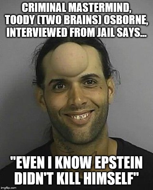 Criminal Mastermind | CRIMINAL MASTERMIND, TOODY (TWO BRAINS) OSBORNE, INTERVIEWED FROM JAIL SAYS... "EVEN I KNOW EPSTEIN DIDN'T KILL HIMSELF" | image tagged in epstein | made w/ Imgflip meme maker