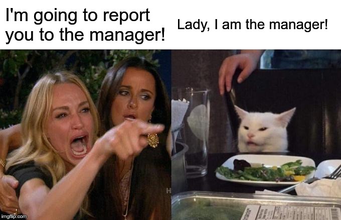 Woman Yelling At Cat | I'm going to report you to the manager! Lady, I am the manager! | image tagged in memes,woman yelling at cat | made w/ Imgflip meme maker