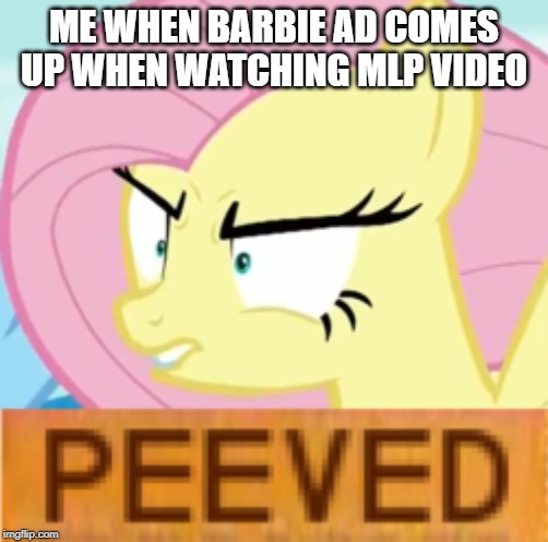 YouTube Ads be like | ME WHEN BARBIE AD COMES UP WHEN WATCHING MLP VIDEO | image tagged in fluttershy,my little pony friendship is magic | made w/ Imgflip meme maker