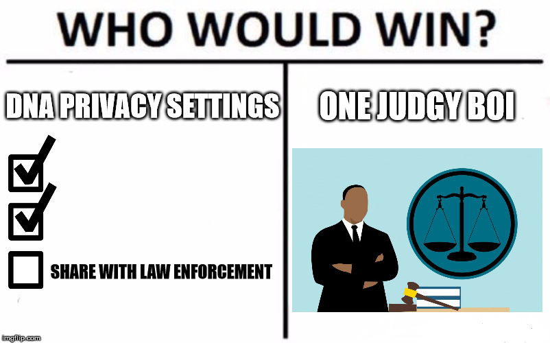 Who Would Win? Meme | DNA PRIVACY SETTINGS; ONE JUDGY BOI; SHARE WITH LAW ENFORCEMENT | image tagged in memes,who would win | made w/ Imgflip meme maker