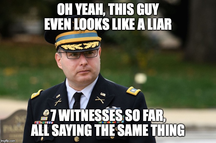 President Bone Spurs always tells the truth | OH YEAH, THIS GUY EVEN LOOKS LIKE A LIAR; 7 WITNESSES SO FAR, ALL SAYING THE SAME THING | image tagged in vindman | made w/ Imgflip meme maker
