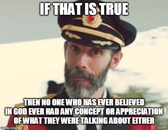 Captain Obvious | IF THAT IS TRUE THEN NO ONE WHO HAS EVER BELIEVED IN GOD EVER HAD ANY CONCEPT OR APPRECIATION OF WHAT THEY WERE TALKING ABOUT EITHER | image tagged in captain obvious | made w/ Imgflip meme maker