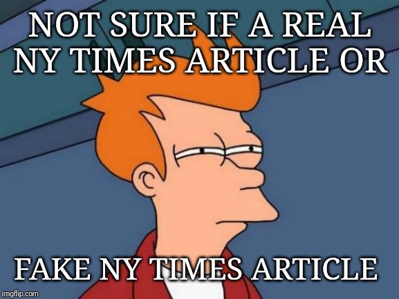 Futurama Fry Meme | NOT SURE IF A REAL NY TIMES ARTICLE OR FAKE NY TIMES ARTICLE | image tagged in memes,futurama fry | made w/ Imgflip meme maker