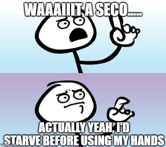 Can't argue with that / technically not wrong | WAAAIIIT A SECO..... ACTUALLY YEAH, I'D STARVE BEFORE USING MY HANDS | image tagged in can't argue with that / technically not wrong | made w/ Imgflip meme maker