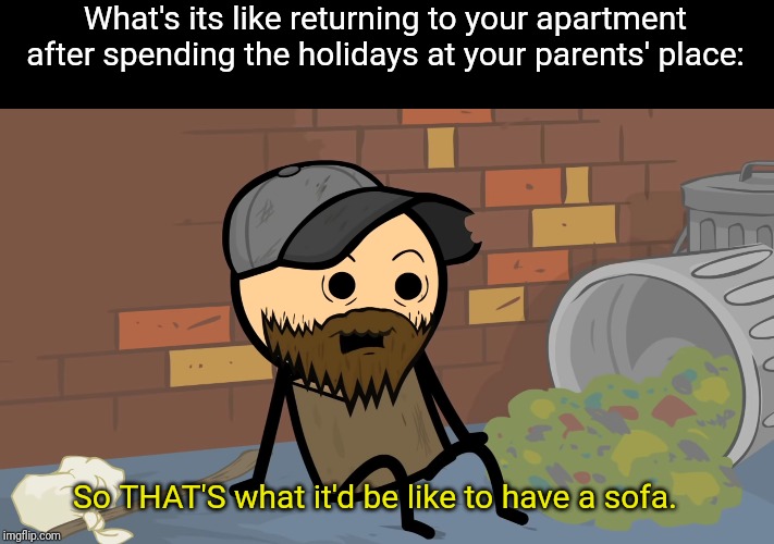 Going from rags to riches and back to rags again. | What's its like returning to your apartment after spending the holidays at your parents' place:; So THAT'S what it'd be like to have a sofa. | image tagged in cyanide and happiness,poor,college | made w/ Imgflip meme maker