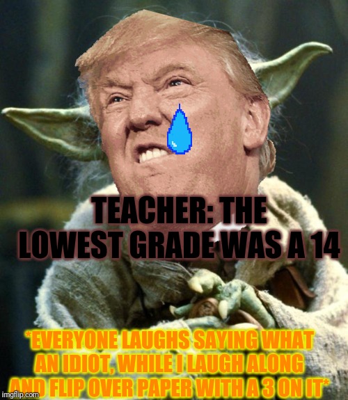 TEACHER: THE LOWEST GRADE WAS A 14; *EVERYONE LAUGHS SAYING WHAT AN IDIOT, WHILE I LAUGH ALONG AND FLIP OVER PAPER WITH A 3 ON IT* | image tagged in star wars yoda | made w/ Imgflip meme maker