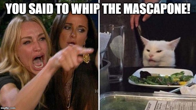 Angry lady cat | YOU SAID TO WHIP THE MASCAPONE! | image tagged in angry lady cat | made w/ Imgflip meme maker