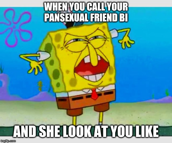 pansexual friend | WHEN YOU CALL YOUR PANSEXUAL FRIEND BI; AND SHE LOOK AT YOU LIKE | image tagged in spongebob | made w/ Imgflip meme maker