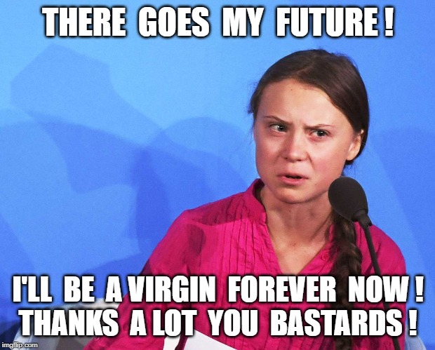 AngGreta Thunberg | THERE  GOES  MY  FUTURE ! I'LL  BE  A VIRGIN  FOREVER  NOW !
THANKS  A LOT  YOU  BASTARDS ! | image tagged in anggreta thunberg | made w/ Imgflip meme maker