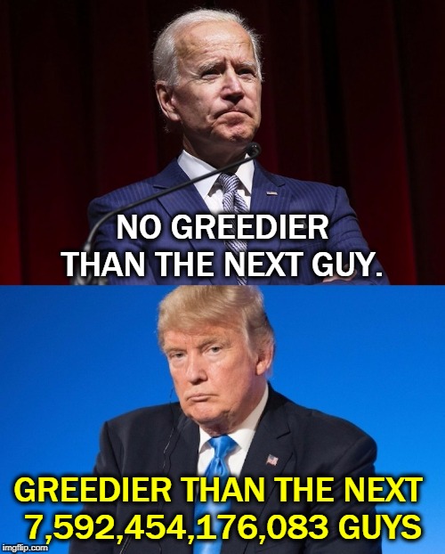 NO GREEDIER THAN THE NEXT GUY. GREEDIER THAN THE NEXT 
7,592,454,176,083 GUYS | image tagged in biden,trump,greedy | made w/ Imgflip meme maker