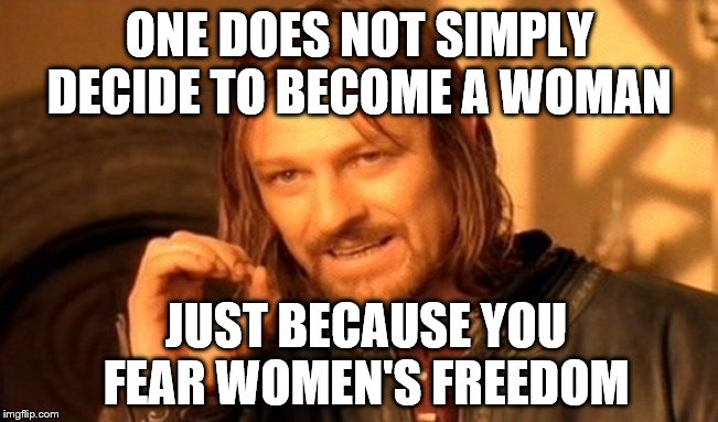 One Does Not Simply | ONE DOES NOT SIMPLY DECIDE TO BECOME A WOMAN; JUST BECAUSE YOU FEAR WOMEN'S FREEDOM | image tagged in memes,one does not simply | made w/ Imgflip meme maker