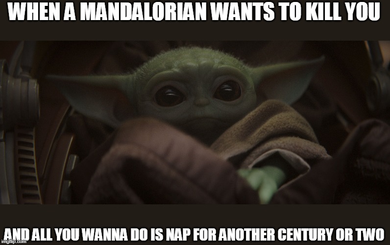 Baby yoda and the mandalorian | WHEN A MANDALORIAN WANTS TO KILL YOU; AND ALL YOU WANNA DO IS NAP FOR ANOTHER CENTURY OR TWO | image tagged in baby yoda | made w/ Imgflip meme maker