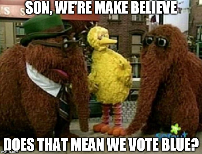does that mean  we're   NOT SO   Bright? | SON, WE'RE MAKE BELIEVE; DOES THAT MEAN WE VOTE BLUE? | image tagged in snuffaloughagus,big bird,big bird and snuffy,snuffaloughagus  dad | made w/ Imgflip meme maker