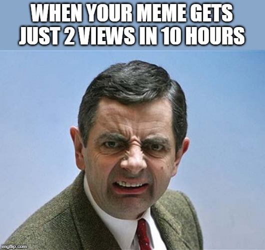 mr bean | WHEN YOUR MEME GETS JUST 2 VIEWS IN 10 HOURS | image tagged in mr bean | made w/ Imgflip meme maker