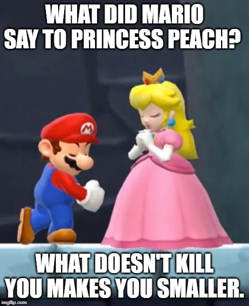mario and princess peach | WHAT DID MARIO SAY TO PRINCESS PEACH? WHAT DOESN'T KILL YOU MAKES YOU SMALLER. | image tagged in super mario | made w/ Imgflip meme maker