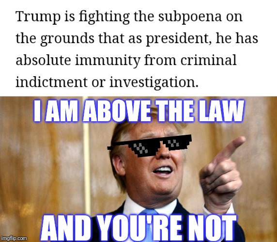 I AM ABOVE THE LAW AND YOU'RE NOT | image tagged in donal trump birthday | made w/ Imgflip meme maker