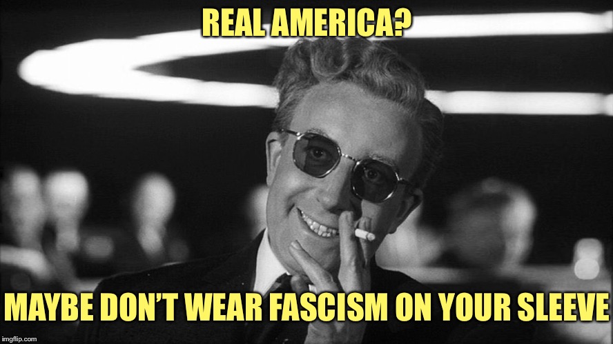 Doctor Strangelove says... | REAL AMERICA? MAYBE DON’T WEAR FASCISM ON YOUR SLEEVE | image tagged in doctor strangelove says | made w/ Imgflip meme maker