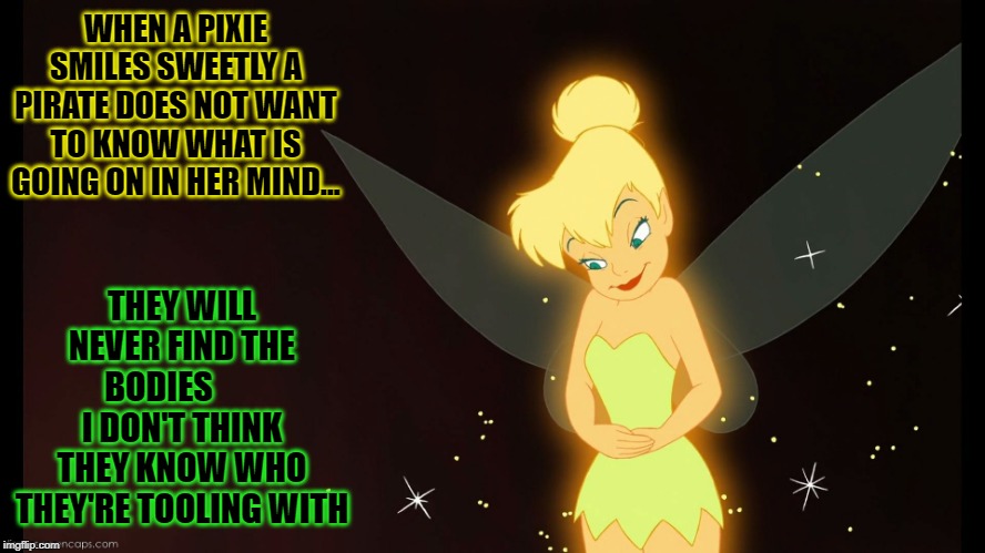 WHEN A PIXIE SMILES SWEETLY A PIRATE DOES NOT WANT TO KNOW WHAT IS GOING ON IN HER MIND... THEY WILL NEVER FIND THE BODIES        I DON'T THINK THEY KNOW WHO THEY'RE TOOLING WITH | made w/ Imgflip meme maker