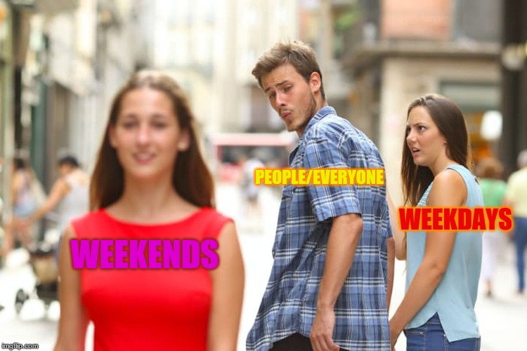 Distracted Boyfriend | PEOPLE/EVERYONE; WEEKDAYS; WEEKENDS | image tagged in memes,distracted boyfriend | made w/ Imgflip meme maker