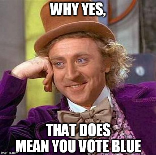 Creepy Condescending Wonka Meme | WHY YES, THAT DOES  MEAN YOU VOTE BLUE | image tagged in memes,creepy condescending wonka | made w/ Imgflip meme maker