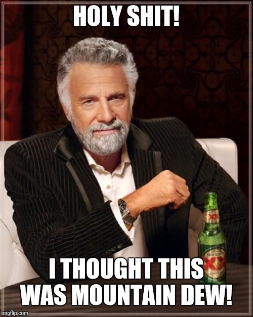 The Most Interesting Man In The World Meme | HOLY SHIT! I THOUGHT THIS WAS MOUNTAIN DEW! | image tagged in memes,the most interesting man in the world | made w/ Imgflip meme maker