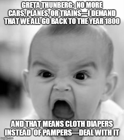 Angry Baby Meme | GRETA THUNBERG:  NO MORE CARS, PLANES, OR TRAINS---I DEMAND THAT WE ALL GO BACK TO THE YEAR 1800; AND THAT MEANS CLOTH DIAPERS INSTEAD  OF PAMPERS---DEAL WITH IT | image tagged in memes,angry baby | made w/ Imgflip meme maker
