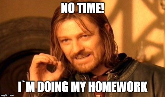 One Does Not Simply | NO TIME! I`M DOING MY HOMEWORK | image tagged in memes,one does not simply | made w/ Imgflip meme maker