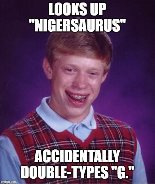 Bad Luck Brian Meme | LOOKS UP "NIGERSAURUS" ACCIDENTALLY DOUBLE-TYPES "G." | image tagged in memes,bad luck brian | made w/ Imgflip meme maker