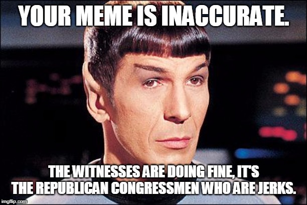 Condescending Spock | YOUR MEME IS INACCURATE. THE WITNESSES ARE DOING FINE, IT'S THE REPUBLICAN CONGRESSMEN WHO ARE JERKS. | image tagged in condescending spock | made w/ Imgflip meme maker