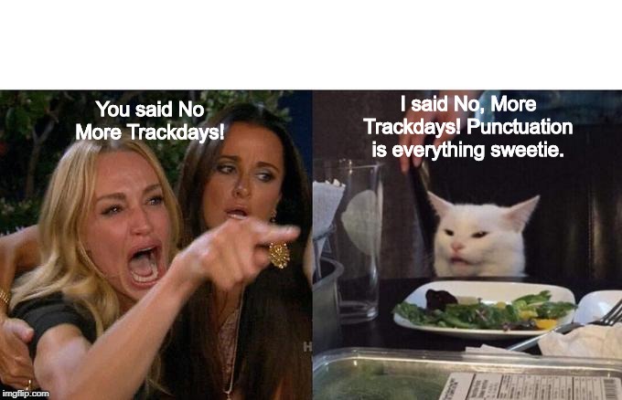 Woman Yelling At Cat | I said No, More Trackdays! Punctuation is everything sweetie. You said No More Trackdays! | image tagged in memes,woman yelling at cat | made w/ Imgflip meme maker