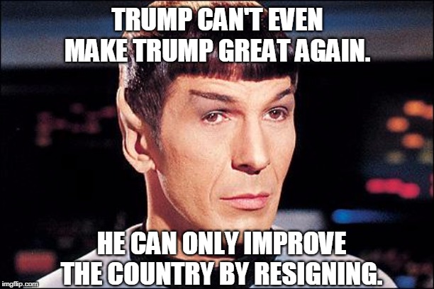 Condescending Spock | TRUMP CAN'T EVEN MAKE TRUMP GREAT AGAIN. HE CAN ONLY IMPROVE THE COUNTRY BY RESIGNING. | image tagged in condescending spock | made w/ Imgflip meme maker
