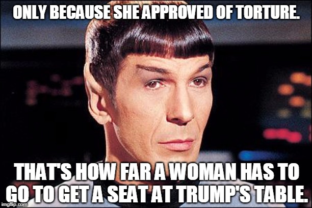 Condescending Spock | ONLY BECAUSE SHE APPROVED OF TORTURE. THAT'S HOW FAR A WOMAN HAS TO GO TO GET A SEAT AT TRUMP'S TABLE. | image tagged in condescending spock | made w/ Imgflip meme maker