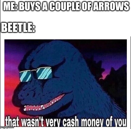 That wasn’t very cash money | ME: BUYS A COUPLE OF ARROWS; BEETLE: | image tagged in that wasnt very cash money | made w/ Imgflip meme maker