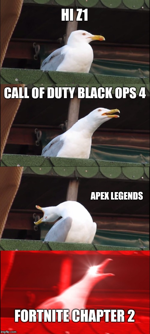 Inhaling Seagull | HI Z1; CALL OF DUTY BLACK OPS 4; APEX LEGENDS; FORTNITE CHAPTER 2 | image tagged in memes,inhaling seagull | made w/ Imgflip meme maker