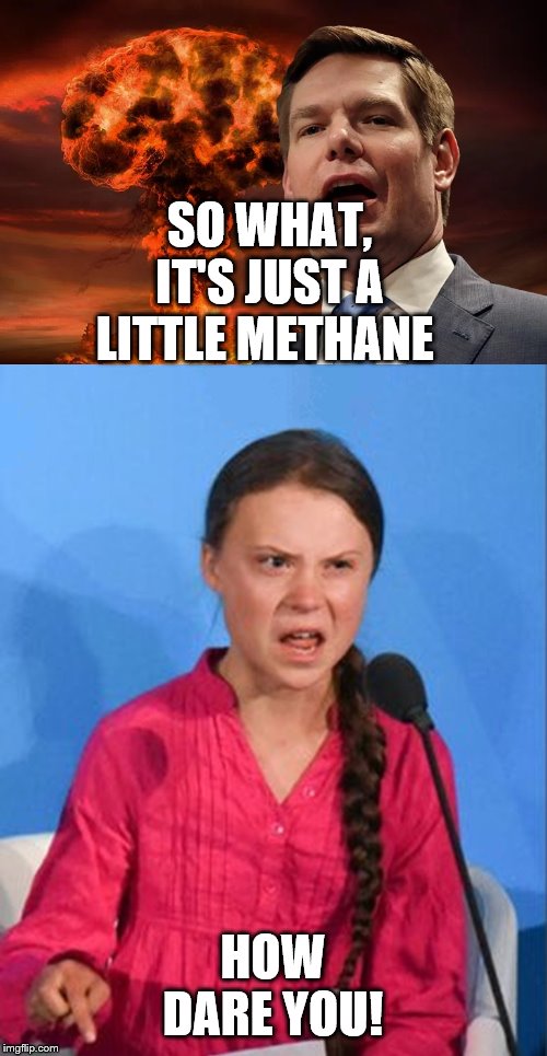SO WHAT, IT'S JUST A LITTLE METHANE; HOW DARE YOU! | image tagged in eric swalwell,greta thunberg how dare you | made w/ Imgflip meme maker