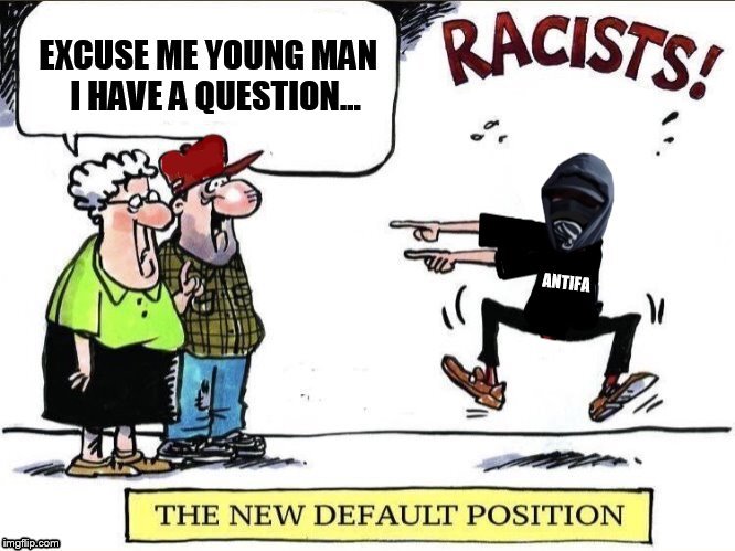 I don't think I've ever seen a video where they answer question without just being vulgar? | RACIST; THE NEW DEFAULT POSITION; EXCUSE ME YOUNG MAN, I HAVE A QUESTION... | image tagged in antifa,raciest,fascist,conversation,avoid questions,memes | made w/ Imgflip meme maker