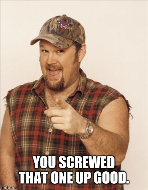 Larry The Cable Guy | YOU SCREWED THAT ONE UP GOOD. | image tagged in larry the cable guy | made w/ Imgflip meme maker
