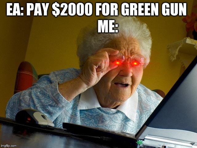 Grandma Finds The Internet | EA: PAY $2000 FOR GREEN GUN; ME: | image tagged in memes,grandma finds the internet | made w/ Imgflip meme maker