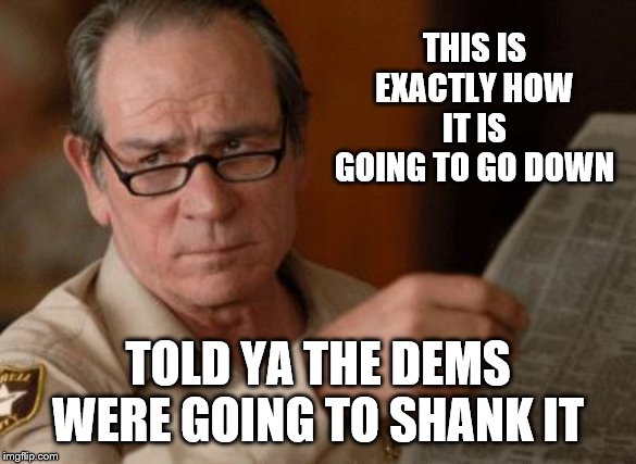 Tommy Lee Jones | THIS IS EXACTLY HOW IT IS GOING TO GO DOWN TOLD YA THE DEMS WERE GOING TO SHANK IT | image tagged in tommy lee jones | made w/ Imgflip meme maker