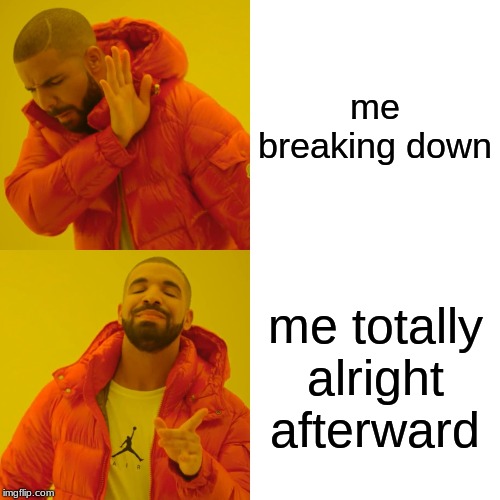 Drake Hotline Bling | me breaking down; me totally alright afterward | image tagged in memes,drake hotline bling | made w/ Imgflip meme maker